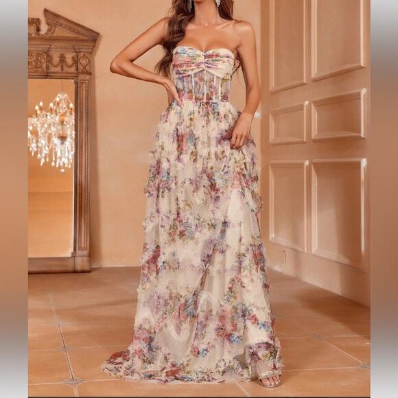 Faeriesty Ruched Bustier Ruffle Trim Hem Floral Print Tube Corset Dress 5X - Picture 3 of 12